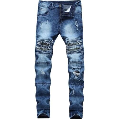 Casual Trousers Mens Cotton Tide Jeans Denim Trousers Casual Straight Ripped Jeans Men Wash Bottoms
