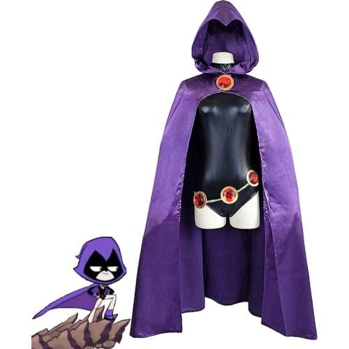 Kids Anime Titans Hero Raven Cosplay Costume Women Black Bodysuit Purple Hooded Cloak Jumpsuits Halloween Party Costume