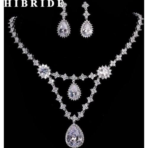 HIBRIDE Luxury Dubai Jewelry Set AAA Cubic Zircon Women Bridal Pendant Necklace Earring Sets For Wedding Party N-193