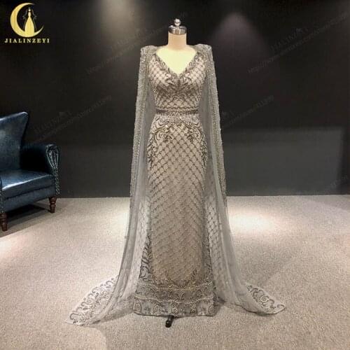 JIALINZEYI платье Zuhair Murad Grey Luxurious Cape Full Beads V Neck Mermaid robe de soirée de mariage Evening Dresses