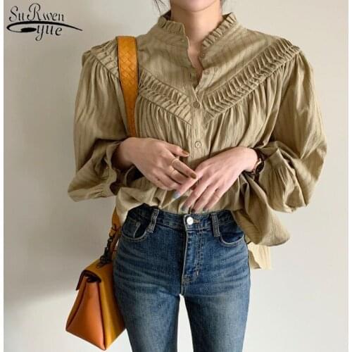 Korean Chic Top Lantern Sleeve White Cotton Blouse Single-breasted Long Sleeve Womens Shirt Vintage Top Female Blusas 11616