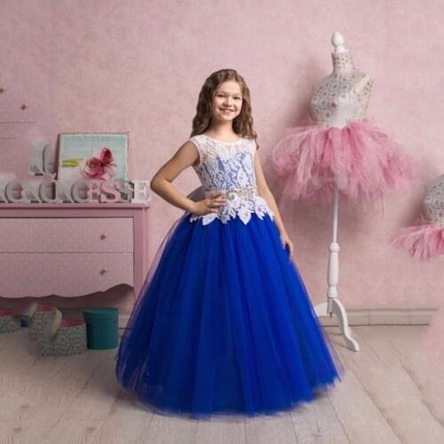 Royal blue Flower Girl Dress Kids Pageant White lace applique Prom Princess Formal Occassion Girls Holy Communion Dress