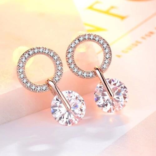 MIQIAO Gold Plated Luxury Zircon Rings 1 Carat Round Crystal Vintage Boho Hook Stud Earrings for Women Wedding Couple Jewelry An