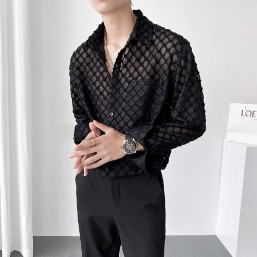 Harajuku Mens Clothing 2021 European American Autumn Thin Japanese Cut-out Shirt Lapel Slim Buttoned Shirt Camisas Para Hombre
