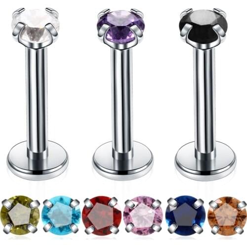 1PC New Steel Prong Set Round Crystal Zircon Colorful Labret Stud Lip Rings Ear Cartilage Tragus Piercing Sexy Girls Jewelry 16g