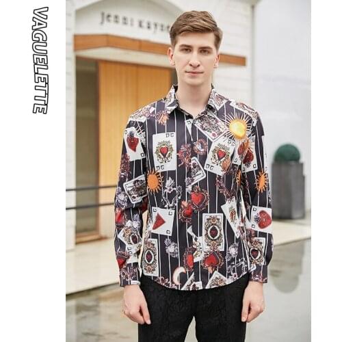 VAGUELETTE Novelty Poker Pattern Printed Shirt Men Casual&Fashion Long Sleeve Shirt Slim Fit Tuxedo Shirts For Men M-3XL