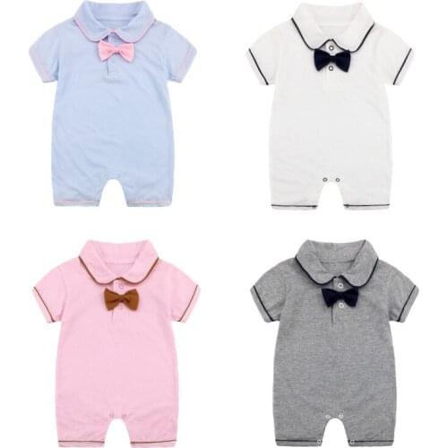 New Born Baby Boys Gentleman Bow Tie Clothes Brand New Summer Rompers Infant Baby Girls Pink Short Sleeved Jumpsuit One Piece