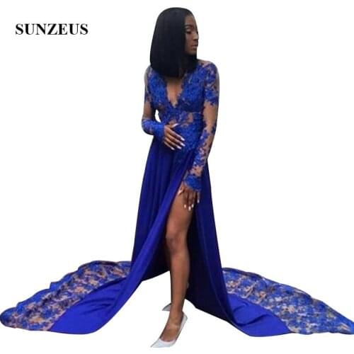V-neck Long Sleeves Prom Dresses Sexy Appliques Bodice Long Royal Blue Party Gowns With Lace Vestido Baile