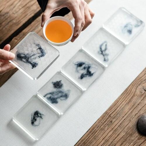 Chinese Style Ink Painting Design Transparent Resign Cup Tray For Tea Cup Coffee Cup Office House Ues Heat Insulation Anti-slip