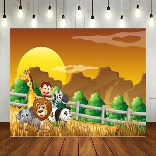Photo Studio Props Photography Backdrop Cartoon Boy A Group Of Animals In The Woods Vinyl Background Kids Birthday Decoration
