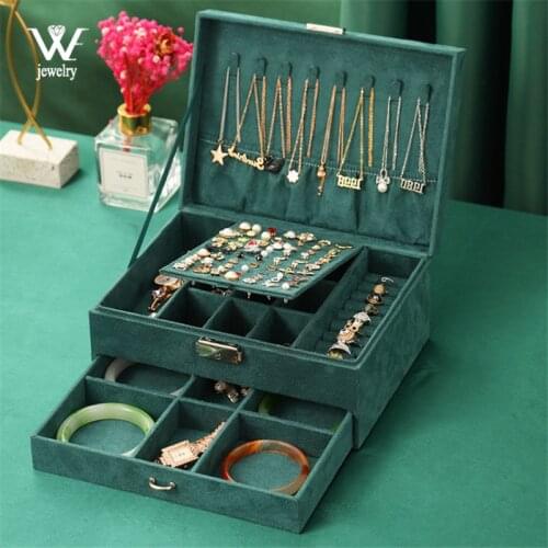WE 2021 New Multifunction Green Flannel Jewelry Box for Women Double-layer Jewelry Organizer Necklace Earring Ring Storage Gifts