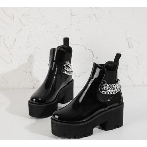 Women shoes 2021 goth Ankle platform boots Chain PU/Patent leather black White 32-43