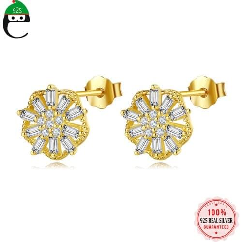ElfoPlataSi Real 925 Sterling Silver Snowflake Zircon Charm Stud Earrings For Women Birthday Gift Girls Daughter Jewerly L065