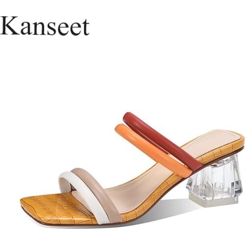 Kanseet Fashion Crystal Heels Mixed Colors 2021 New Summer Womens Slippers High Heels Slippers Basic Square Toe Woman Shoes