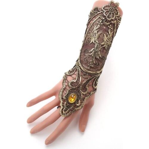 Women Bridal Vintage Retro Flapper Dress Gloves Hollowed Out Embroidered Lace Fingerless Bracelet Criss Cross Lace Up