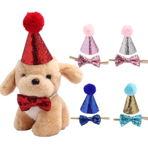 2Pcs/set Dog Caps With Bowknot Cat Dog Birthday Hat Costume Sequin Headwear Cap Hat Christmas Party Pets Accessories