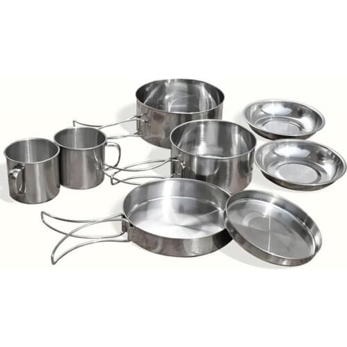 8Pcs/Set Stainless Steel Camping Cookware Durable Outdoor Cooking Backpacking Gear For Hiking Picnic Pot Pan Plate Cookset