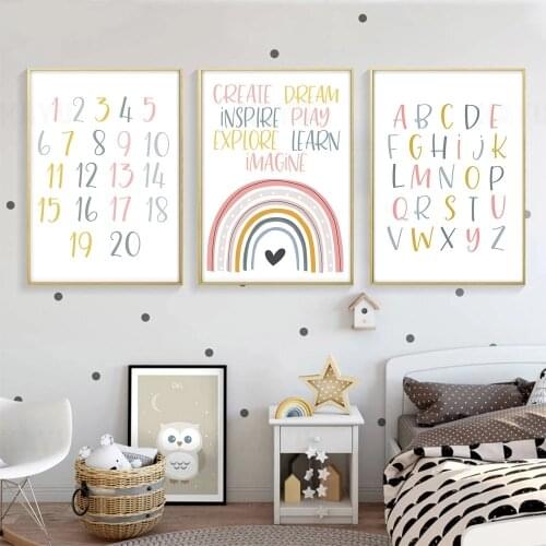 Alphabet Number Canvas Painting Nursery Wall Art Print Pink Rainbow Poster Nordic Education Wall Picture Baby Kids Room Decor
