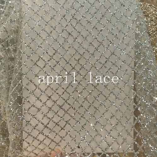 Ap2039 # 5 yards silver small ripstop plaid romantic hand print glued glitter net tulle mesh lace fabric for sawing dress