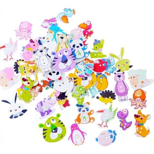 Free shipping 50pcs Random Mixed 2 Holes Decorative Buttons Lovely cartoon Animals Wood Buttons Sewing Scrapbooking