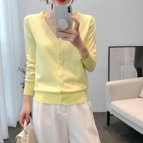 Women 2021 Spring Summer Fashion Thin V-neck Sunscreen Shirts Female Slim Cardigan Tops Ladies Ice Silk Solid Color Blouses L86