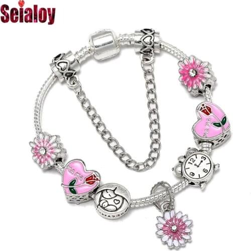 Seialoy Daisy Flower Charm Bracelets For Women Girls Original Alarm Clock Mothers Arms Heart Beaded Bracelet & Bangle Jewelry