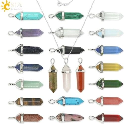 CSJA Natural Stone Necklace Crystal Pendant Necklaces Hexagonal Bullet Reiki Chakra Real Raw Pink Purple Gem Women Jewelry E056