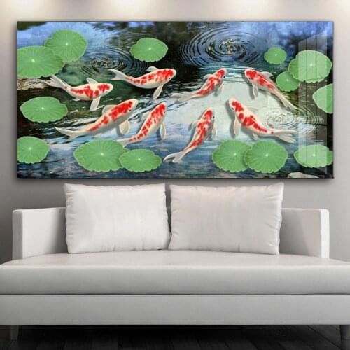 Koi Fish Feng Shui Carp Lotus Pond Pictures Oil Painting on Canvas Posters and Prints Cuadros Wall Art Pictures For Living Room