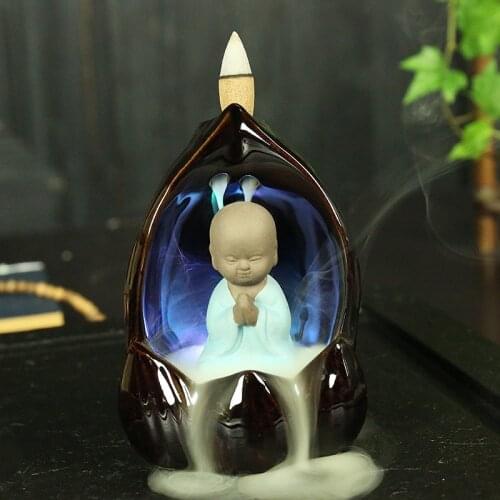 Creative Monk And Buddha Backflow Incense Cones Burner Incense Ceramic Led Color Changing Censer Use In Home Decoration Teahouse