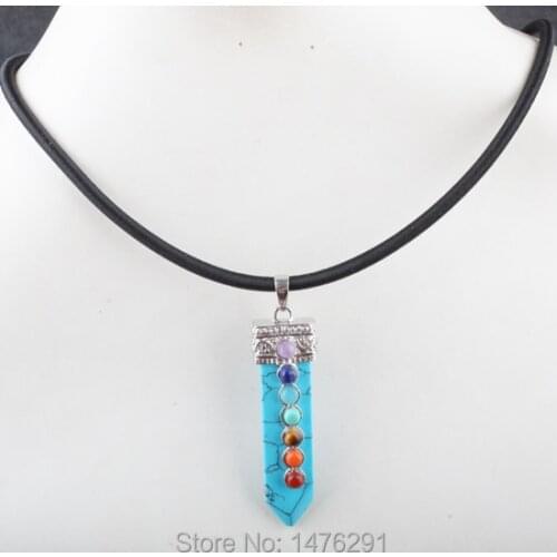 12X52MM Blue Howlite Stone Inlaid Mix-Stone GEM Bead Pendant & Necklace