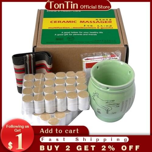 New type multifunction double-deck ceramic massage guasha beauty SPA printing moxa cup +48pcs high quality stick