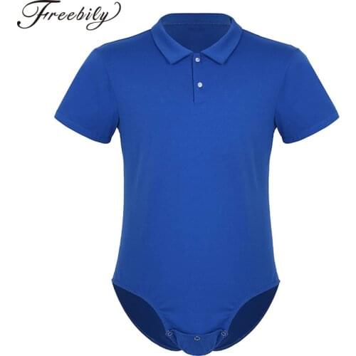 Adult Mens One Piece Bodysuit Catsuit Short Sleeve Turn-down Collar press button Crotch Shirt Body Suit Romper Snappies Pajamas