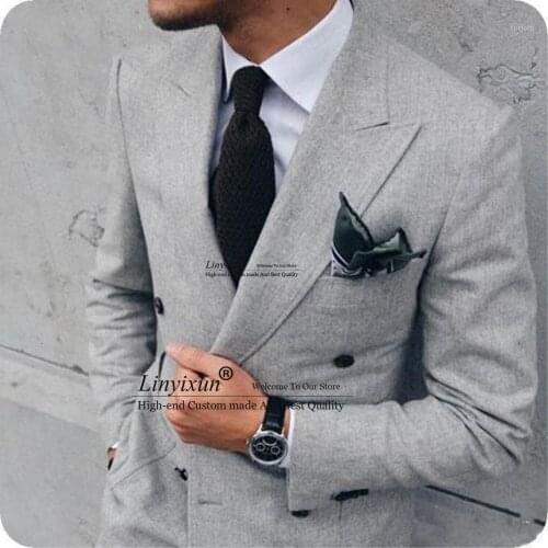 Latest Coat Pant Designs Grey Men Suits for Business Male Jacket Man Blazer Groom Tuxedos 2 Piece Wide Peaked Lapel Custom Made