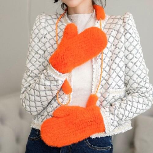 Mink fur full finger gloves fur knitting with fingers hanging neck womens mittens warm winter high elastic double-sided