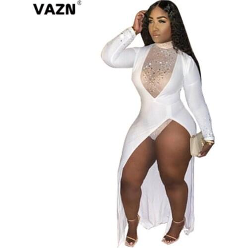 VAZN New Free Size Fashion Mujer HIgh Neck Elegant Young Maxi Dress 2020 Full Sleeve Bling Bling Lady Dress
