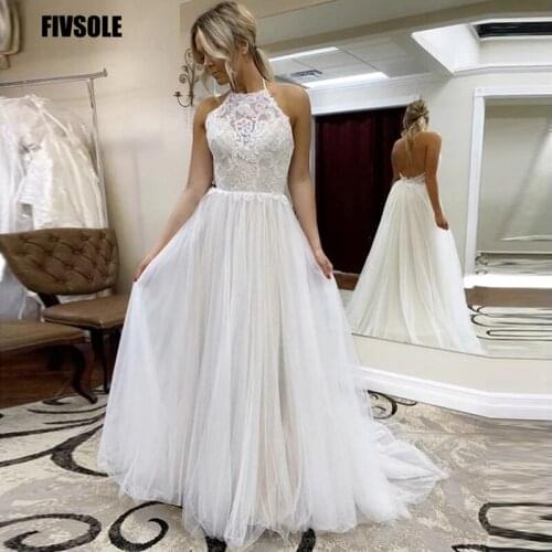 Simple Elegant Under $100 Halter A-Line Wedding Dresses With Sweep Train Tulle Special Lace Appliques Backless Vestido De Noiva