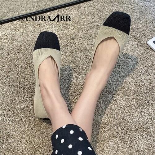 SANDRA JRR Women Ballet Flats Patchwork Flat Heel Knitted Shoes Summer Autumn Casual Breathable Loafer Square Toe Sneakers