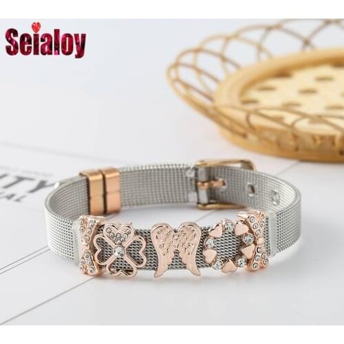 Seialoy Two-Tone Stainless Steel Bracelets For Women Men Original Heart-shaped leaves wings bows Beads Mesh Belt Bangle Jewelry