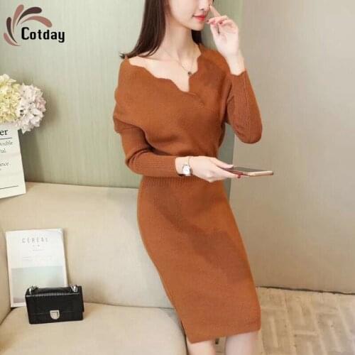 Cotday V-neck Wool Winter 2020 New Women Yellow Office Style Lady Versatile Long Sleeve Bottomed Medium Length Sweater Dress