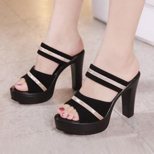Women Plus Size High Heel Slippers Office Platform Open Block Heel Shoes Summer Platform with thick sole and open toe