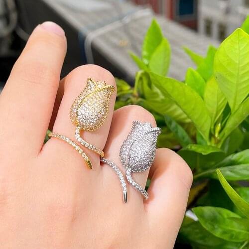 ThreeGraces Romantic Rose Tulip Flower Shape CZ Crystal Adjustable Size Summer Wedding Rings for Women Costume Jewelry RG153