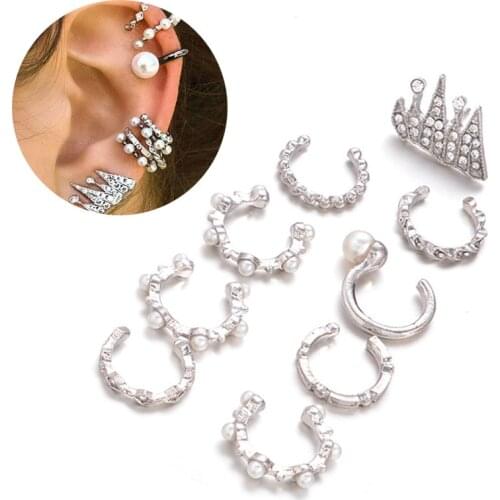 Sale Unique 9PCS/Set Bohemia Silvery Crystal Simulated Pearl Ear Clip Studs Earrings