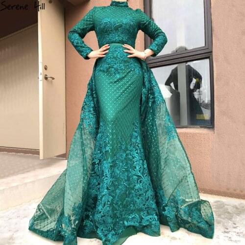 Serene Hill Muslim Green High Collar Evening Dress 2020 Handmade Flowers Long Sleeves Mermaid Formal Party Gown CLA6542