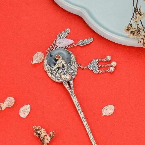 Vintage 925 Sterling Silver Step Shake Hair Stick Pearl Agate Tassels Red Crowned Crane Women Luxury Jewelry