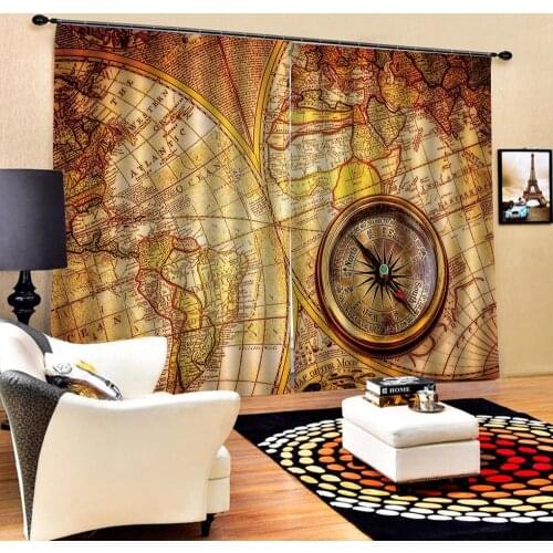 Customized size Luxury Blackout 3D Window Curtains European Vintage map compass Photo Painted 3D Curtain Living room