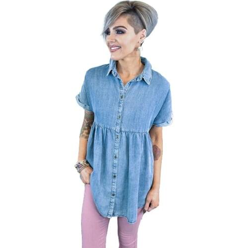 Summer Women T-Shirt Jeans Blue Denim Washed Short Sleeve Turn-Down Collar Shirt Dresses Female Blouse Autumn Elegant OL C2685