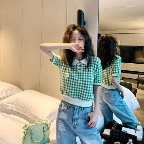 Woman TShirts Plaid Polo Collar Short-Sleeved Knitted T-shirt Womens Summer Loose Top Crop Top Mujer Camisetas