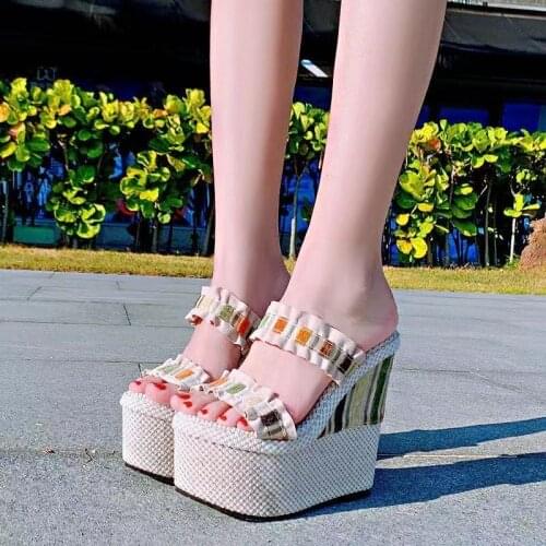 Super High-heeled Summer Slope with Womens Leather Lace Outer Slippers Womens Thick Ethnic Style Slippers Sandals for Women