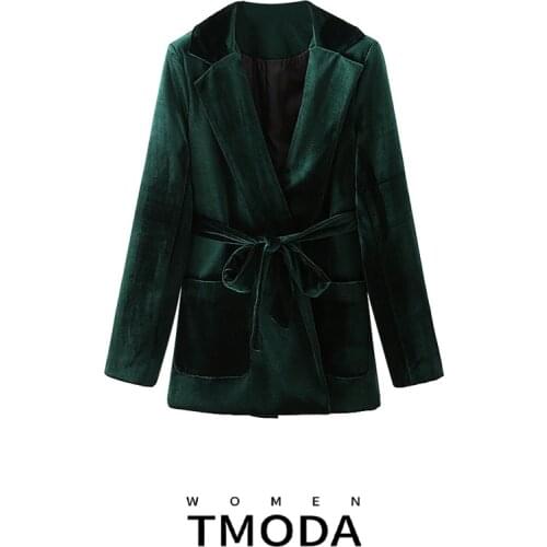 TMODA364 Belt Waist Blazers Women Fashion Green Velvet Jackets Women Elegant Pockets design Solid Suits Female Ladies