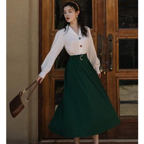 French Retro Fashion Temperament Suit Two Piece Set Dress Summer Puff Sleeve White Shirt+Black Vintage Skirt Suit